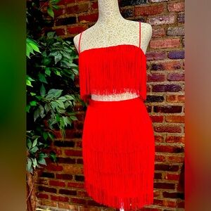 Meshki 2-piece red fringe top and skirt